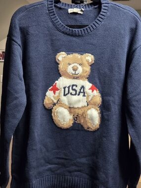 Mighty Fine Navy Crewneck Sweater with Teddy Bear USA Motif